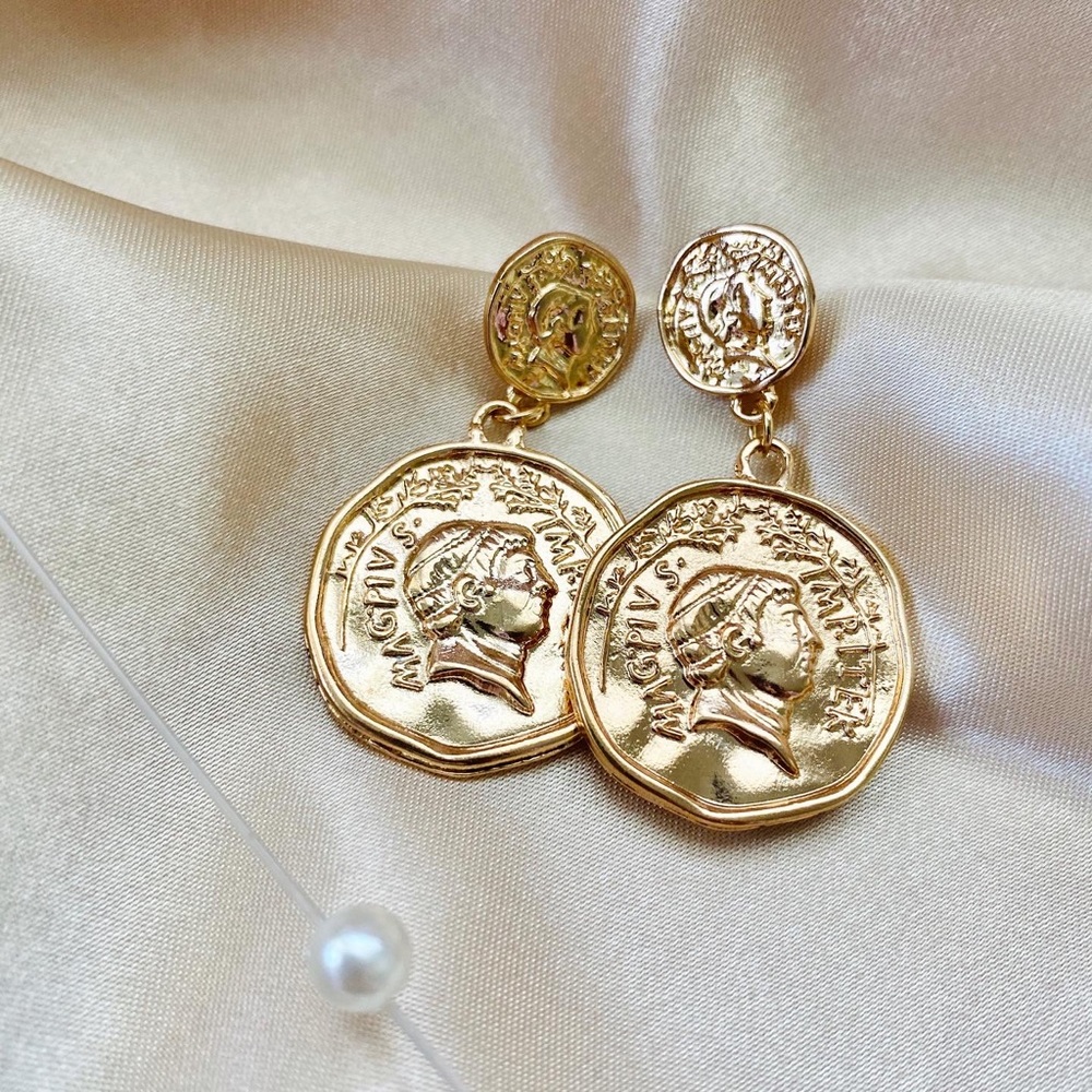 Golden Portraits Coins Statement Earrings - Picture 2 of 9